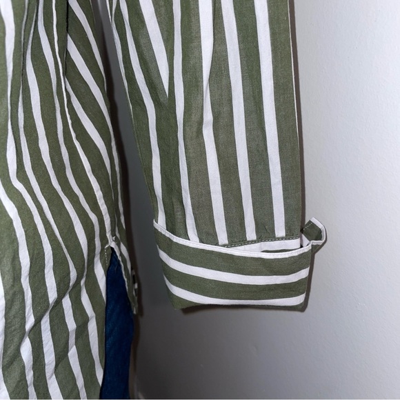 J Jill Button Down Shirt popover banded Mandarin collar cotton green stripe XS - Picture 5 of 10